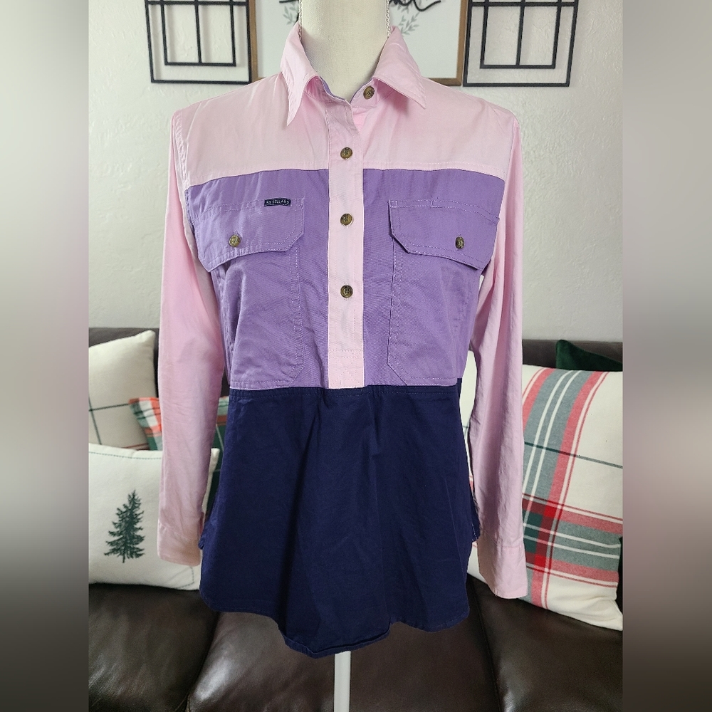 RB Sellars SANDY Half Button Work Shirt Women's Size 10 Color Block‎ 100% COTTON